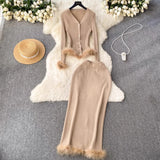 Fongt High-End Small Fragrant Style Two Sets Of Women's Atmosphere Knitted Open Fork Shirt T-Shirt