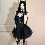 Bunny Angel Halloween Costumes Women V-Neck Camisole Crop Tops Mesh A-Skirt Suit Fairy Cosplay Christmas Party Dress Set-Outfit