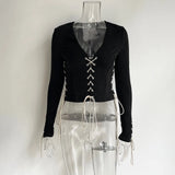 Fall Clothing Tops For Women 2021 Long Sleeve V-Neck Hollow Out Sexy Drawstring Fashion Crop Ladies
