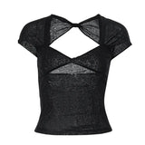 Fongt Summer New Women's Sexy Back V-Neck Solid Color Slim Slim Short-Sleeved T-Shirt