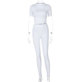 Solid Women Two Piece Set Short Sleeve Gym Top Crops Leggings Skinny Sporty Tracksuit 2021 Spring Summer Outfit