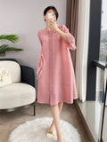 Patchwork 3D Flower Three Quarter Sleeve Single Breasted Pleated Solid Dress For Women 2024 Autumn Fashion New TH1217-Outfit