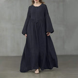 Women Spring Sundress Elegant Pleated Lantern Sleeve Solid Maxi Long Dress Vintage Party Vestido Kaftan Robe