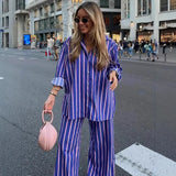 Fongt Women's Summer New Striped Loose Shirt Straight Trousers Set