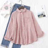 New Women Cotton Turn Down Collar White Shirt Long Sleeve Pockets Dot Blouse Button Up Loose Spring Casual Tops