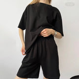 Loose Soft Sets Women 2021 New Casual Two Pieces Short Sleeve T Shirts and High Waist Shorts Solid Outfits