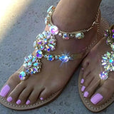 Sandals 2021 Women Shoes Rhinestones Chains Thong Gladiator Flat Sandals Crystal Chaussure Plus Size 42 tenis