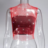Fongt Nightclub Dresses Fishnet Hollow Out Rhinestone Vest Mesh Flash Diamond Sling Top