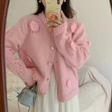 Three-Dimensional Rose Round-Neck Knitted Cardigan Autumn And Winter New Loose Lazy Button Sweater Jacket-Outfit