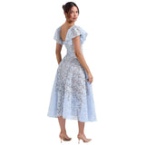 Fongt Long Dress Court Lace High-Rise Thin V-Neck Sexy Short-Sleeved Dress Woman