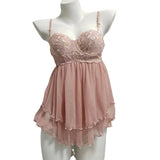 Fongt Sexy Lace Embroidered Pajamas Women Summer Small Breast With Steel Ring Pure Lust Wind Mesh Sling Sling Aja Skirt Set