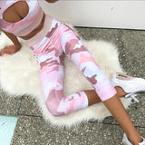 Camouflage Print Set Women Sexy Hollow Tops And Trousers Two-Piece High Waist Pocket Leggings Two-Piece