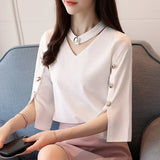 Blouse 2021 Ladies Tops Chiffon Blouse Beading Solid White Shirt Blouse Clothes Shirts Three Quarter V-Neck Chemise