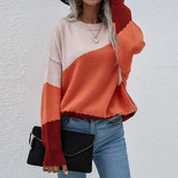 Color Matching Spring Women O Neck Sweater Elegant Long Sleeve Office Lady Loose Pullover Top Casual Femme Knitting