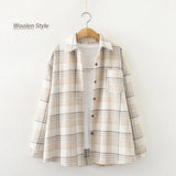 Spring Vintage Woolen Plaid Jackets Full Sleeve Turn-Down Collar Button Up Pockets Shirts Autumn Casual Basic Outwear
