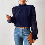Fongt Spring And Autumn New Solid Color Half Height Folding Spliced Wavy Lotus Leaf Side Long Sleeve Yarn Cloth