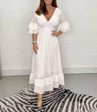 Fashion V Collar Horn Sleeves Cotton Lep Cotton Leprosy Dress