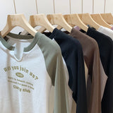 Shoulder V-Collar T-Shirt Women's Long-Sleeved Spring And Autumn Decoration With Threaded Bottomed Shirt And Short High-Waist Chic