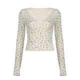 Flower Lace Lace V-Collar Long-Sleeved T-Shirt Female 2024 Spliced Small Bow Slim Bottomed Blouse-Outfit