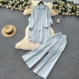 Fongt Casual Suit Women's Korean Version Of The Fashion Loose Long-Sleeved Shirt Dress High Waist Wide Leg Pants