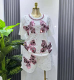 Fongt Set European Dress Design Butterfly Set Drill Short Sleeve T-Shirt Blouse Woman + Tight Waist Broad Leg Shorts Two Sets