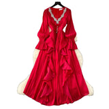 Fongt High-End Elegant Dress Women Fashion Heavy Industry Embroidery Stender V Collar Waist Temperament Court Style Long Dress