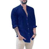 Fongt Men's New Linen Cardigan Pure Color Casual Collar Long-Sleeved