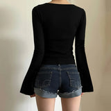 Fongt Lust Wind Base Solid Color V-Neck Lace Lace Bottom Long-Sleeved Girl Feel Perfect Waist Top