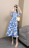 Fongt 2025 New French Holiday Collar Shoulder Short Sleeves To Show Thin Flowers Long Orange Truss Dress
