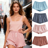 Fongt Women's Clothing 2025 Summer New Simple High-Waisted Loose Leisure Lattice Shorts