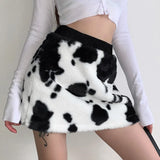 Cow Print Autumn Mini Skirt Women's Cow Pattern Black and White High Waist Short Skirt Ladies Winter Furry