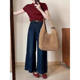Fongt Kong Wind Dark Blue High-Waisted Horn Nine-Point Jeans Women 2025 Autumn Small Loose Thin Broad Leg Pants