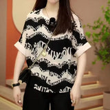 Abstract Letter Printed T-shirt Women's Clothing Korean Loose Short Sleeve 2023 Summer Stylish Patchwork O-Neck Pullovers-Outfit