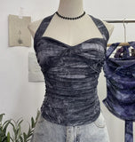 Fongt Shot Tie-Dye-Dyed Denim Print Folding Mesh Sling Sling Sling Neck With Bow Striped Backwear 9921