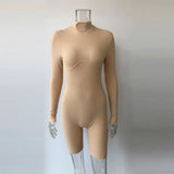 2021 New Arrival Women's Spring Sexy Solid Color Shorts Suit Tight Casual High Cllar Long Sleeve One