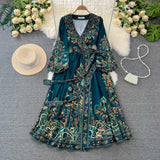 Fongt Court Lantern Long Sleeve V-Neck Belt With A Word Print Dress Elegant Swing Dress Long