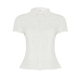 Fongt Style Organ Folds Solid Color POLO Collar Short-Sleeved Shirt To Close Short Buckle Umbilical Top