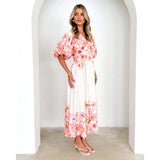 Fongt New Spring And Summer Bubble Sleeve V-Neck Women's Slings Print Fairy Gas In The Long Temperament Swing Dress Dress Woman