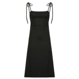 Fongt New Black Slip Dress Women's Side Waist Small Draw Pleated Waist Show Thin
