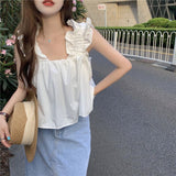 Top Women Summer New Korean Style Design Solid Fashion Cropped Leisure Basic Loose Sweet Tender Aesthetic Fairy