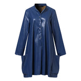 Fashion Autumn Women Sundress Lapel Neck Long Sleeve PU Leather Dress Robe Femme Party Dress Casual Loose Shirt