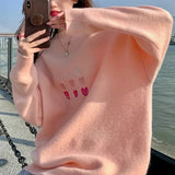 Fongt Sense Minority Love Embroidery Soft Waxy Sweater Female Early Autumn Loose Retro Lazy Wind Knit Sweater Top-Outfit