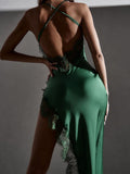 Lace Patchwork Women Strap Midi Dress Side Slit Backless Bodycon Sexy Party Club Festival Elegant 2021 Winter