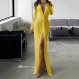 Fongt New Solid Color Dress Summer Fashion Sexy Slit V Neck Long Sleeve Solid Slim Pleated Skirt Dress-Outfit