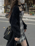 Elegant Two Piece Dress Set Women Korean Style Y2K Plaid Strap Mini Dress Set Female Casual Slim Designer Chic Suit