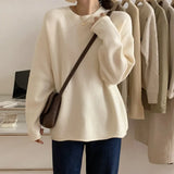 Fongt New 2023 Autumn And Winter Of 2023 Korean Curly Edge Casual Simple Pure Color Round Collar Sweater Women's Fashion Versatile Knit Top-Outfit