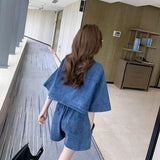 Women Denim Sets Summer 2023 New 2 Piece Set Solid Short Sleeve Coat + Shorts Jeans Sets Office Lady Elegant Female Denim