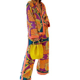 Fongt 2024 Women's Print Long Sleeve Shirt Ethnic Style Trousers Casual Fashion