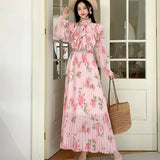 Fongt 2025 New Long-Sleeved Heavyweight Bow Long Print Chiffon Sweet Dress Seaside Holiday