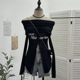 Fongt Picts Single-Layer Mesh Yarn Micro-Sleeved T-Shirt Word Shoulder-Pollid Letter Open Fork Top 1180